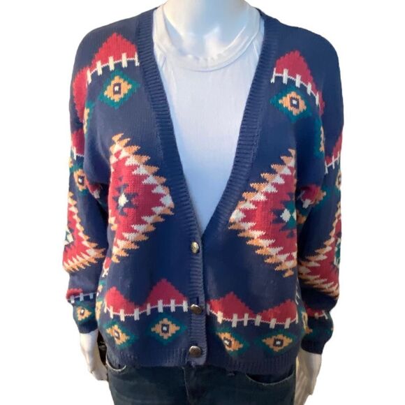 Vintage Nuovo Southwestern Knit 3 Button Cardigan Sweater Womens Medium Blue Pin - Picture 2 of 10